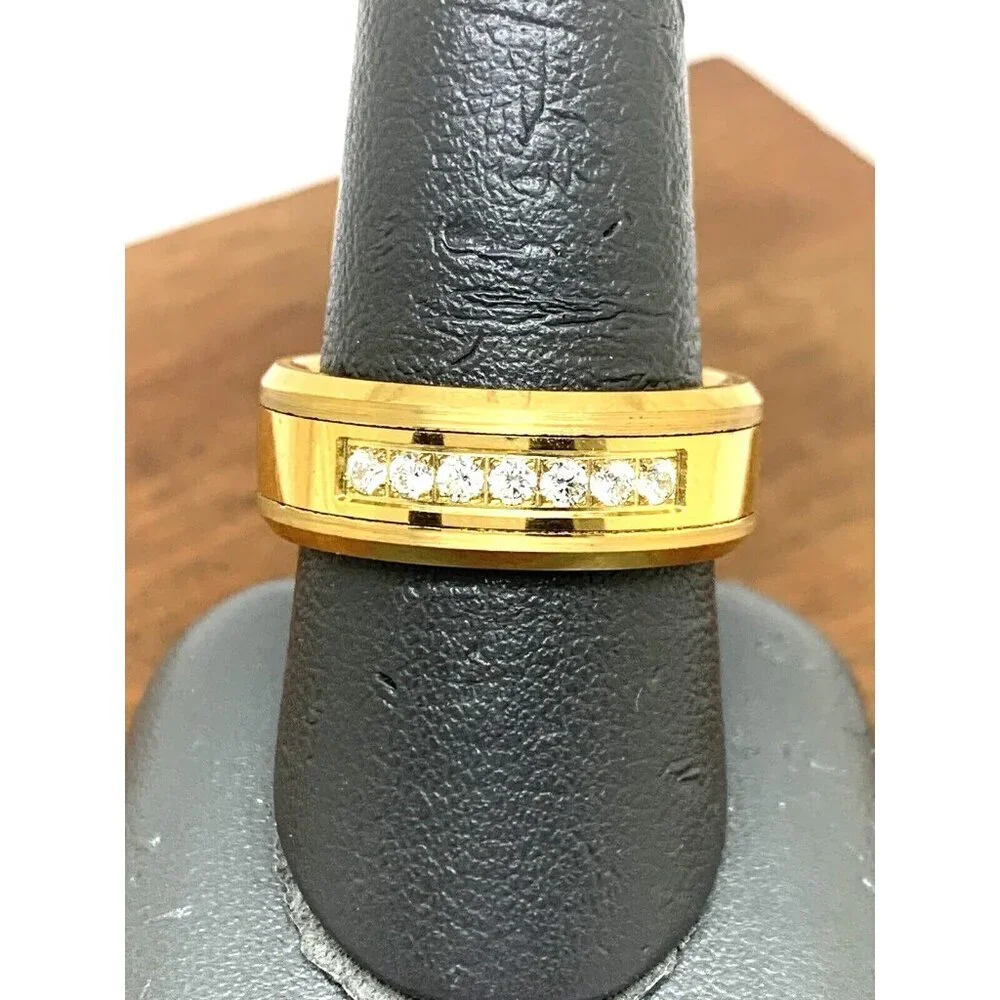 Men's Wedding Band Gold Tone Tungsten Cubic Zirconia 8mm Ring Size 10